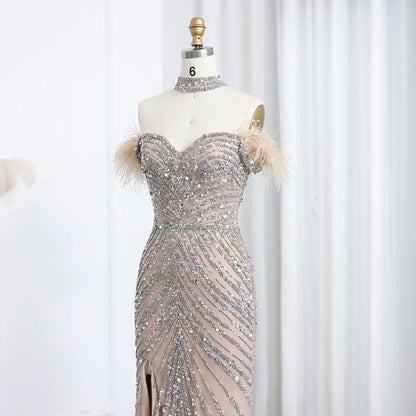Beaded Feather Slit Mermaid Off-Shoulder Tulle Dress