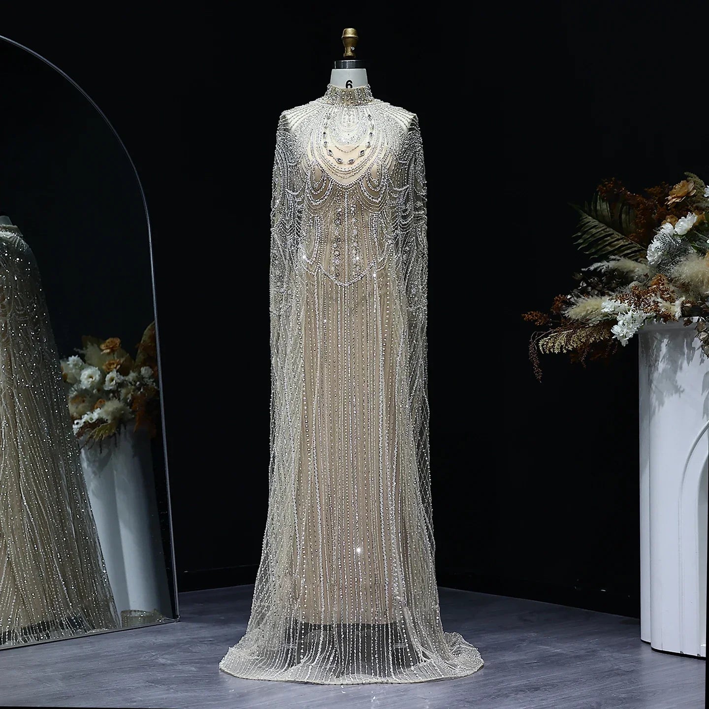 Beaded Nude Kaftan Evening Dress
