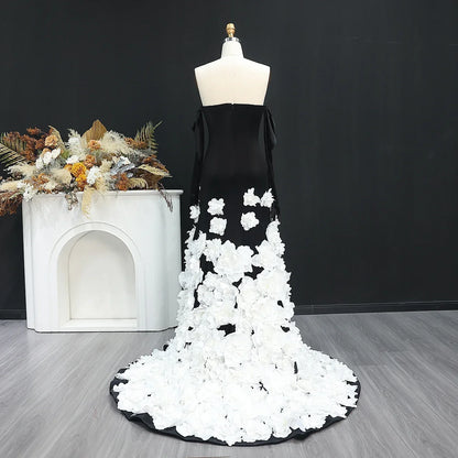 3D Flowers Black Velvet Strapless Evening Dress with Gloves