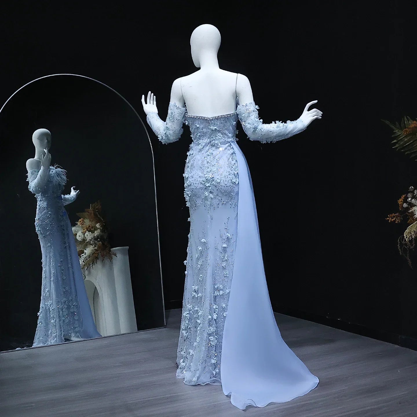 3D Flowers Feathers Mermaid Evening Dress with Sleeves
