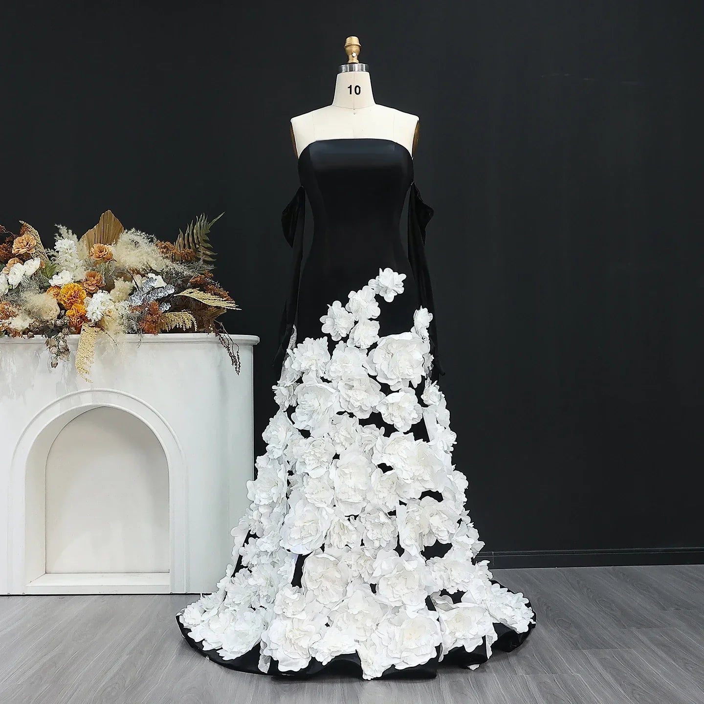 3D Flowers Black Velvet Strapless Evening Dress with Gloves