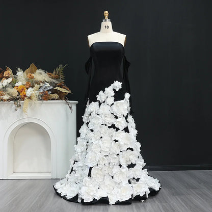 3D Flowers Black Velvet Strapless Evening Dress with Gloves