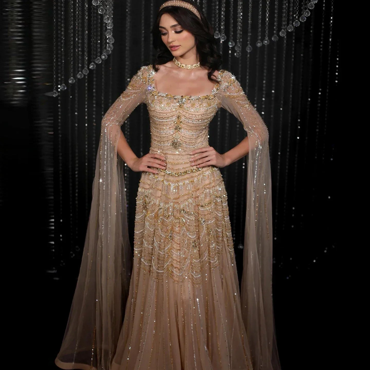 Blue Nude Evening Dress with Cape Sleeves