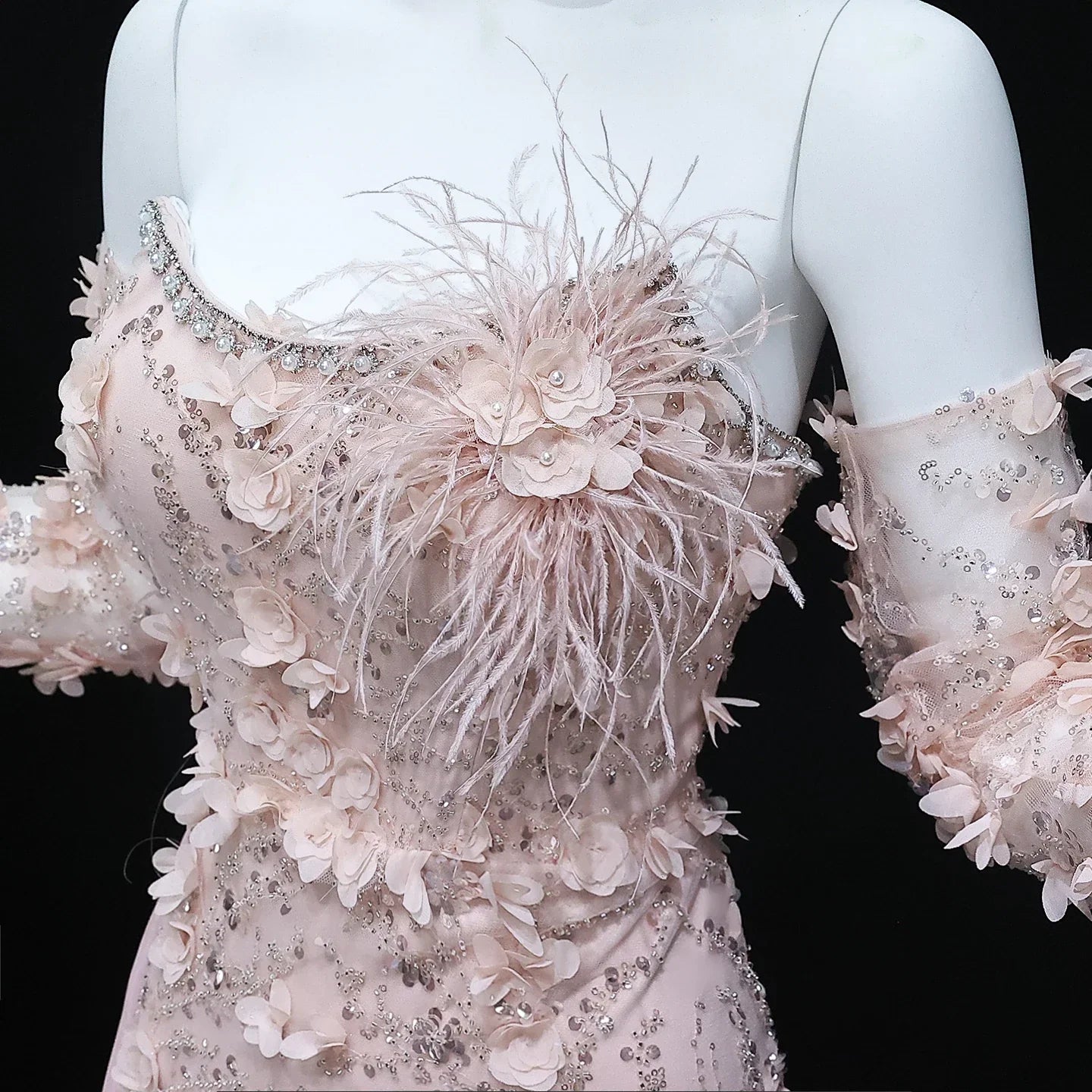 3D Flowers Feathers Mermaid Evening Dress with Sleeves