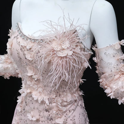 3D Flowers Feathers Mermaid Evening Dress with Sleeves
