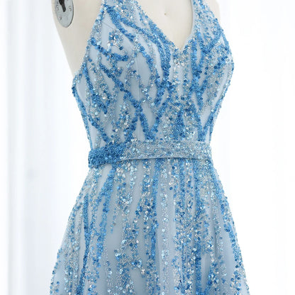 Beaded Halter A-Line Tulle Evening Dresses