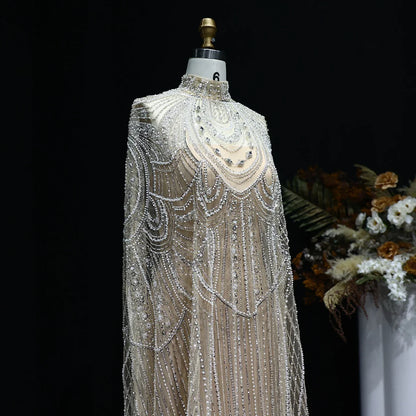 Beaded Nude Kaftan Evening Dress