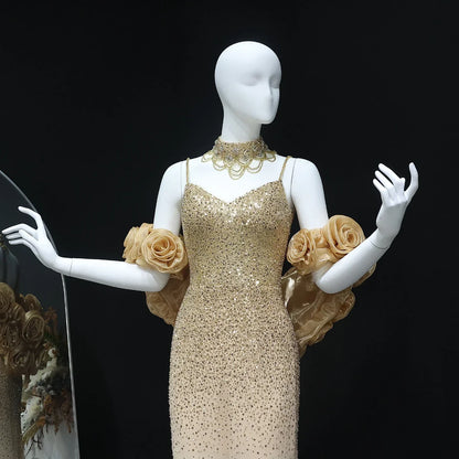 3D Flowers Gold Chokers Evening Dress with Cape