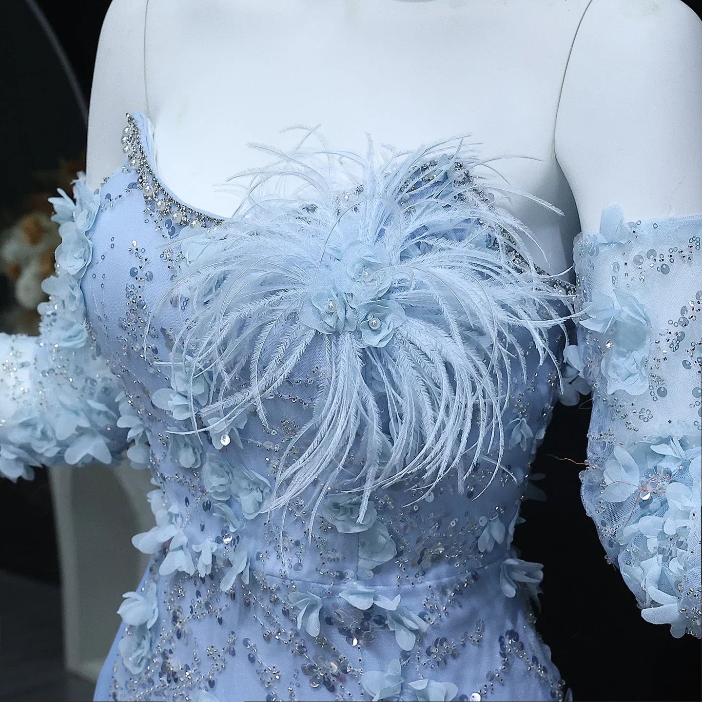 3D Flowers Feathers Mermaid Evening Dress with Sleeves
