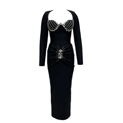 Affordable Luxury Socialite Drilling Bandage One Piece Dress Slim Fit Elegant Formal Dress