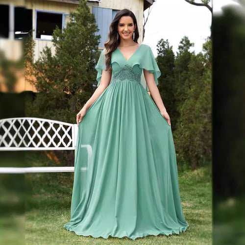 Applique Chiffon Green Evening Dress Slim Fit Flared Sleeves Bridesmaid Dress Cocktail