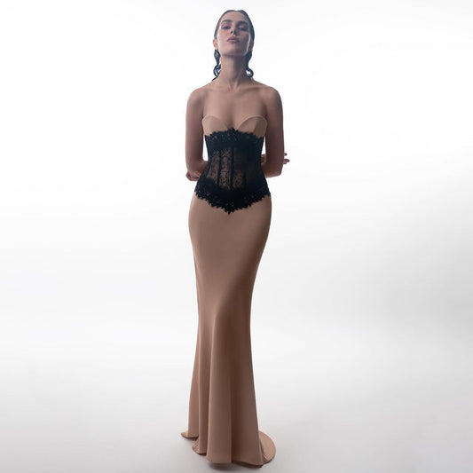 Apricot Lace Stretch Strapless Dress Slim Dress High Elastic Sheath Dress Dress