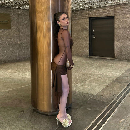 Arrival  Mesh Hollow Out Cutout Pleated round Neck Slim Fit Long Sleeved Dress