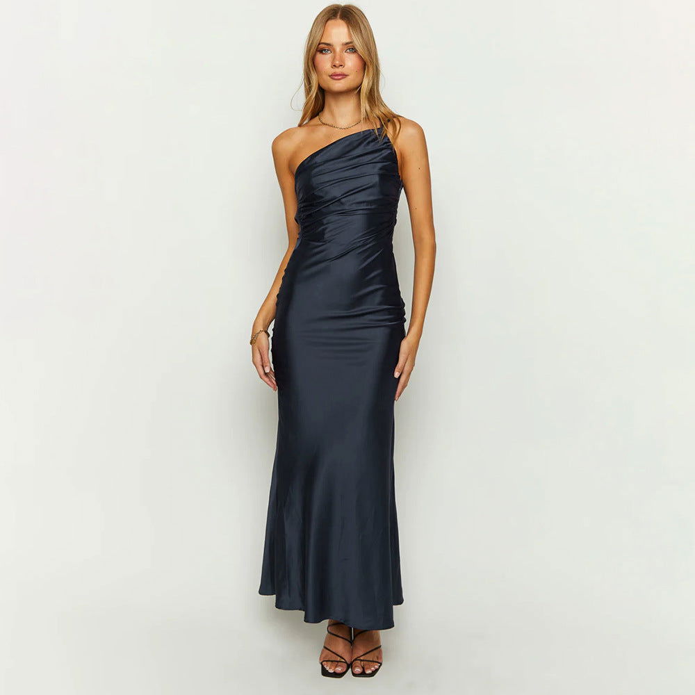 Arrival Dress One Shoulder Pleated Backless Sleeveless Dress Slim Fit Maxi Dress