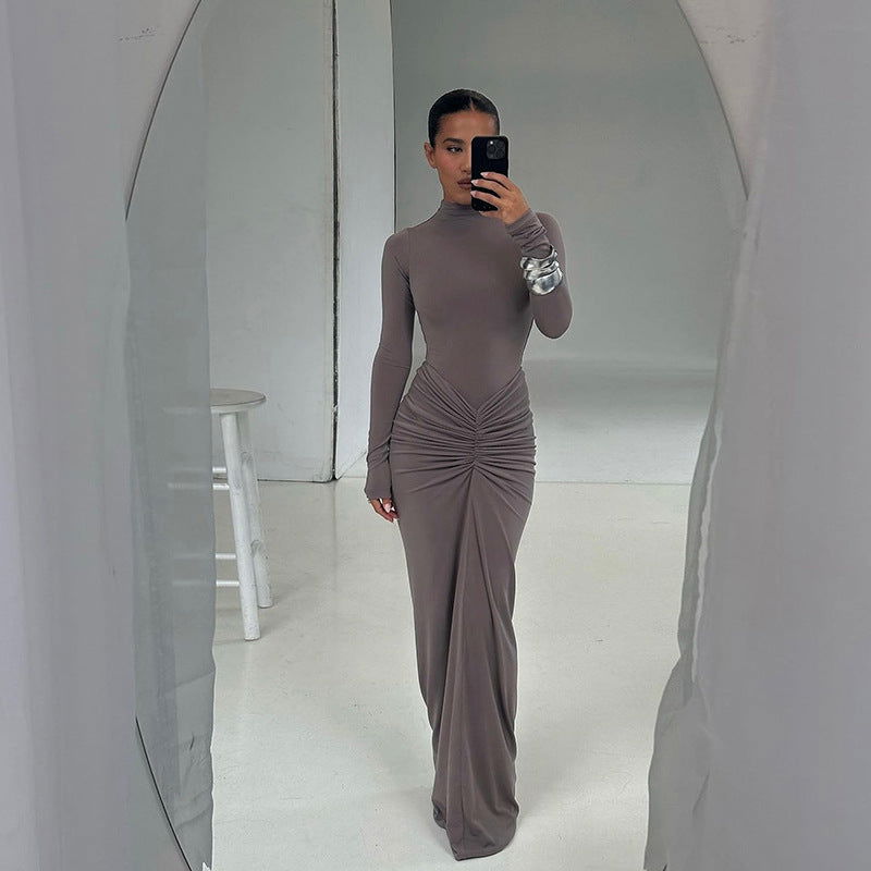 Beam Waist Solid Color Maxi Dress Pleated Dress