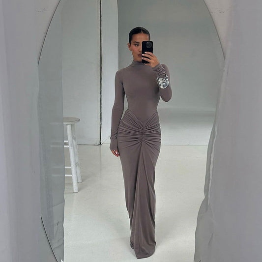 Beam Waist Solid Color Maxi Dress Pleated Dress