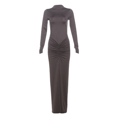 Beam Waist Solid Color Maxi Dress Pleated Dress