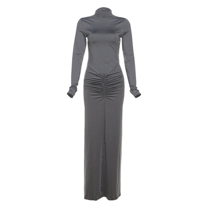 Beam Waist Solid Color Maxi Dress Pleated Dress