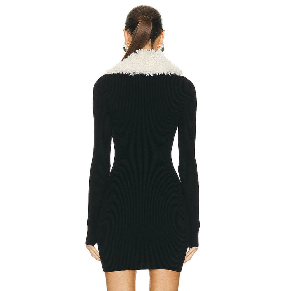 Black Fur Collar Zipper Bandage High Elastic Wear StCollar Design