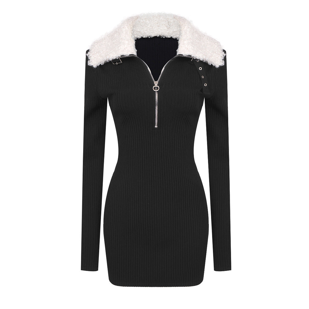 Black Fur Collar Zipper Bandage High Elastic Wear StCollar Design