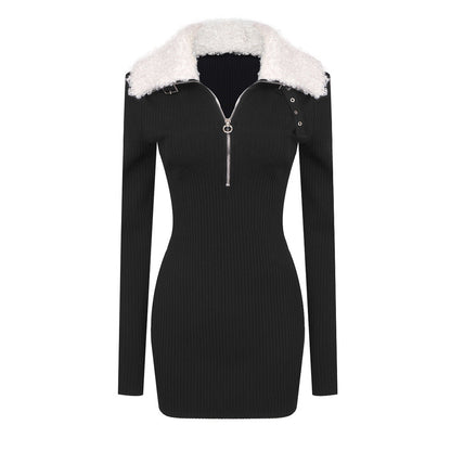 Black Fur Collar Zipper Bandage High Elastic Wear StCollar Design