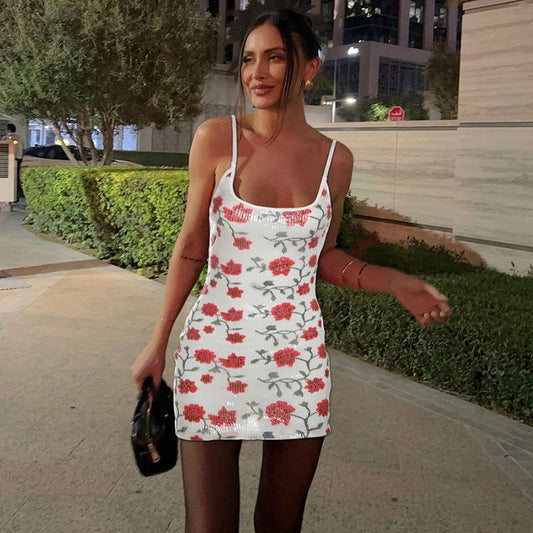 Backless Slim Fit Printed Sequin Slip Dress Hip