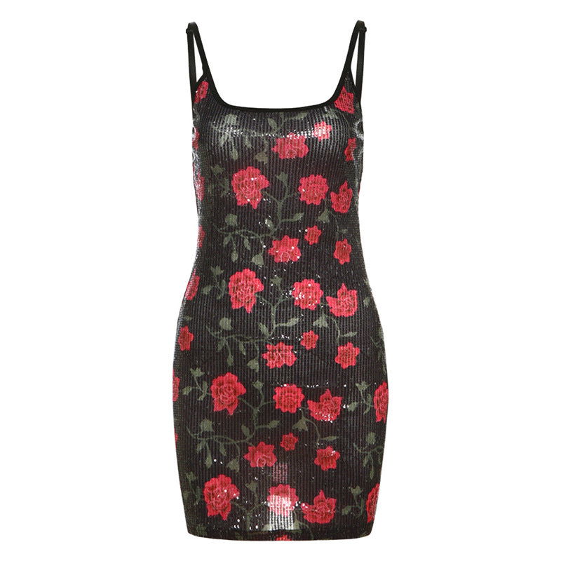 Backless Slim Fit Printed Sequin Slip Dress Hip