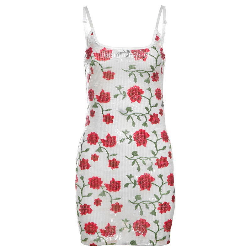 Backless Slim Fit Printed Sequin Slip Dress Hip