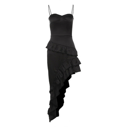 Backless Ruffled Irregular Asymmetric Slit Sling