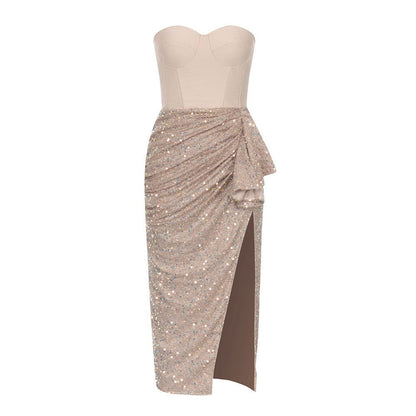 Bandage Dress Simple Tube Top Backless Stitching Sequ High Slit Ruffled Slim Dress