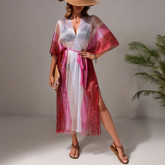 Beach Casual Vacation Gradient Bikini Swimsuit Blouse Sun Protective Cardigan