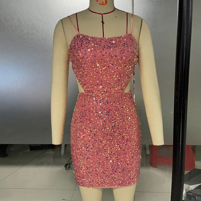 Best Seller Backless Dress Solid Color Strap Sequined Hip
