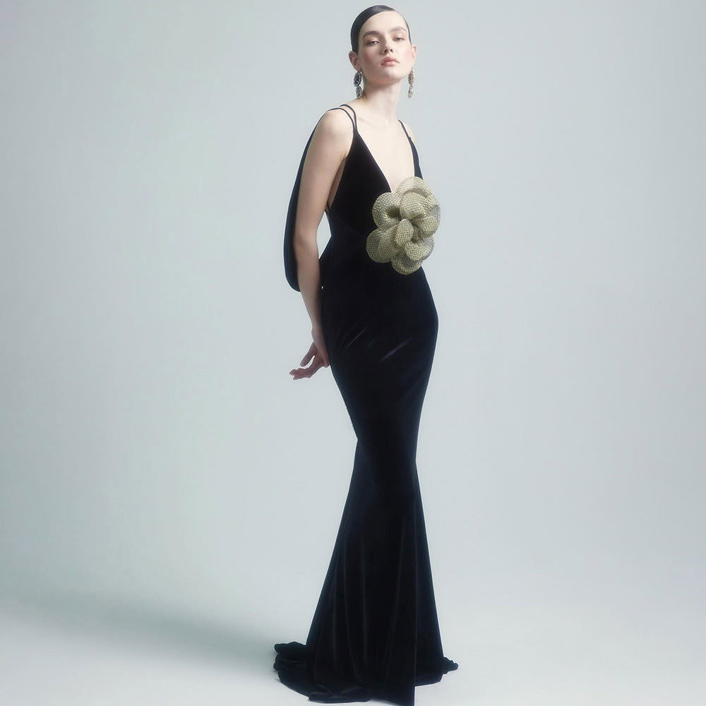 Black Camisole Backless Slim Fit Golden Floral Dress Maxi Dress Dress Batch