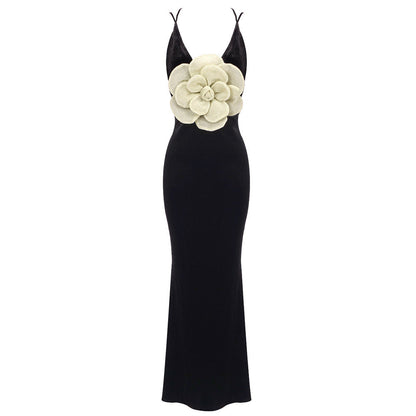 Black Camisole Backless Slim Fit Golden Floral Dress Maxi Dress Dress Batch