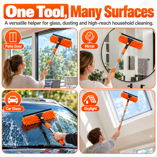 14Ft Extendable Window Cleaning Duster with Squeegee & Fan Duster Attachment