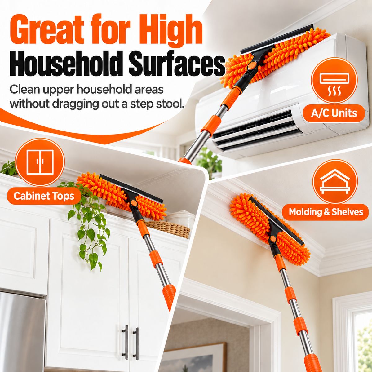 14Ft Extendable Window Cleaning Duster with Squeegee & Fan Duster Attachment