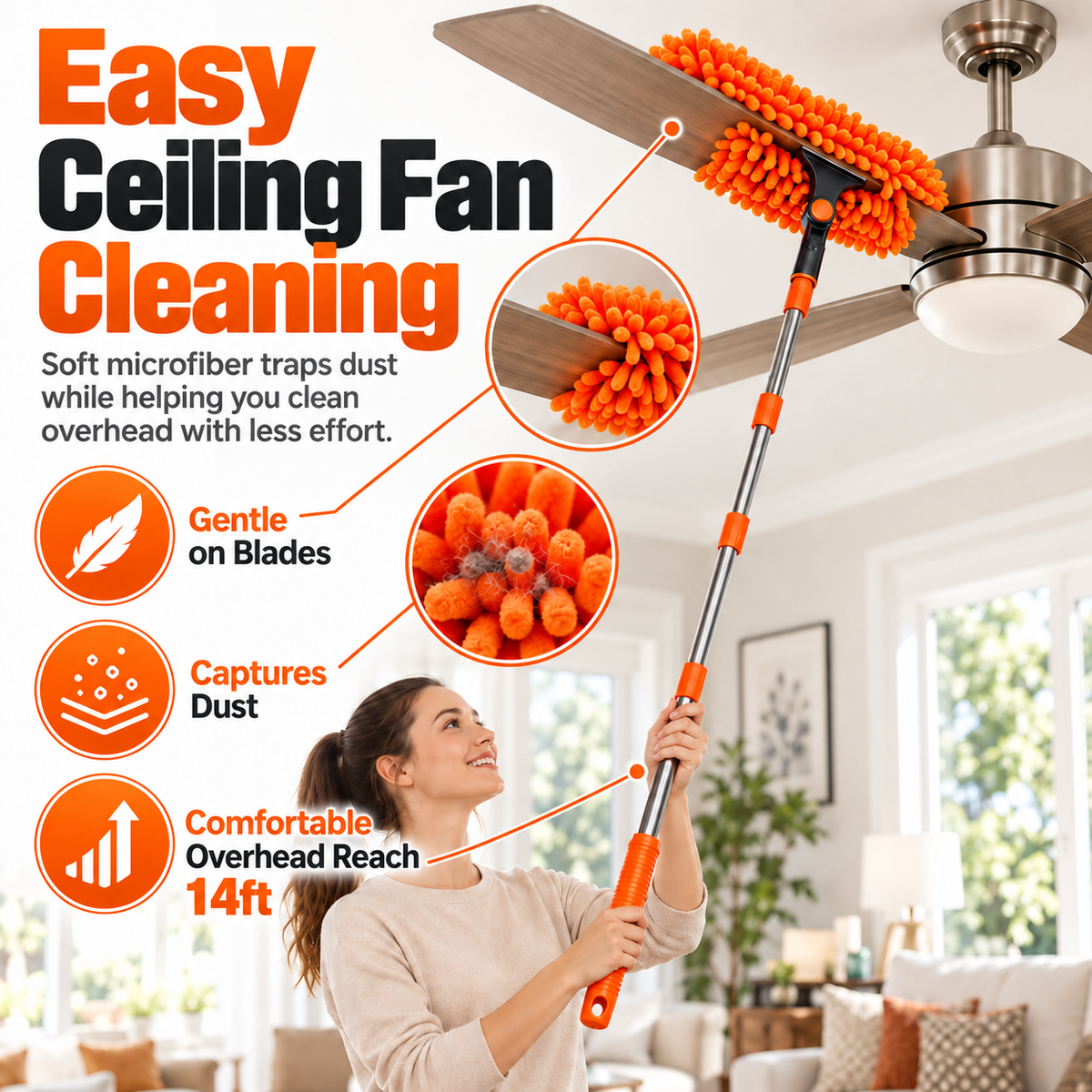 14Ft Extendable Window Cleaning Duster with Squeegee & Fan Duster Attachment
