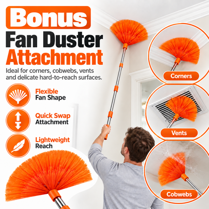 14Ft Extendable Window Cleaning Duster with Squeegee & Fan Duster Attachment