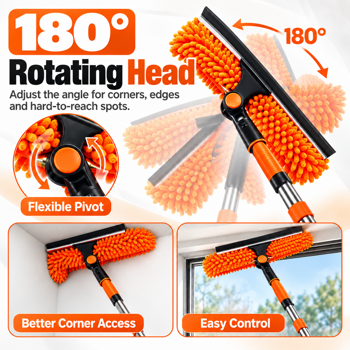 14Ft Extendable Window Cleaning Duster with Squeegee & Fan Duster Attachment