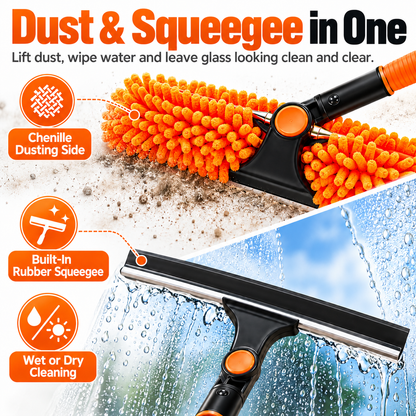 14Ft Extendable Window Cleaning Duster with Squeegee & Fan Duster Attachment
