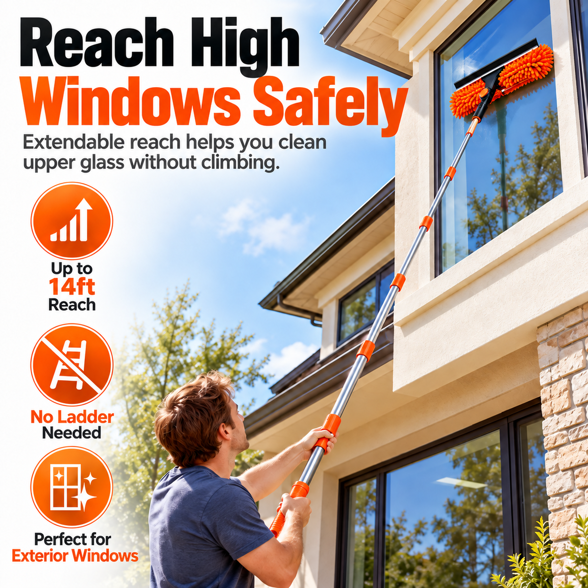 14Ft Extendable Window Cleaning Duster with Squeegee & Fan Duster Attachment