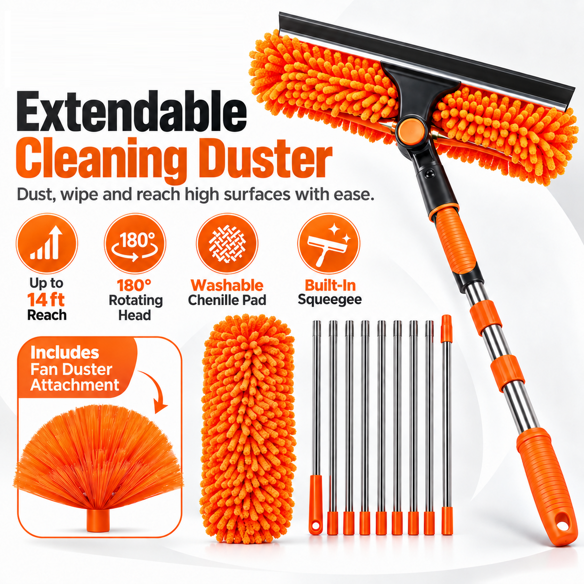 14Ft Extendable Window Cleaning Duster with Squeegee & Fan Duster Attachment