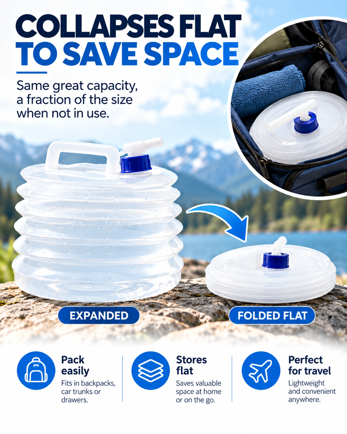 Collapsible Water Container with Spigot, Food-Grade PE BPA-Free Portable Collapsible Water Jug for Camping, Hiking, Road Trips & Emergency, 5L /10L /15L