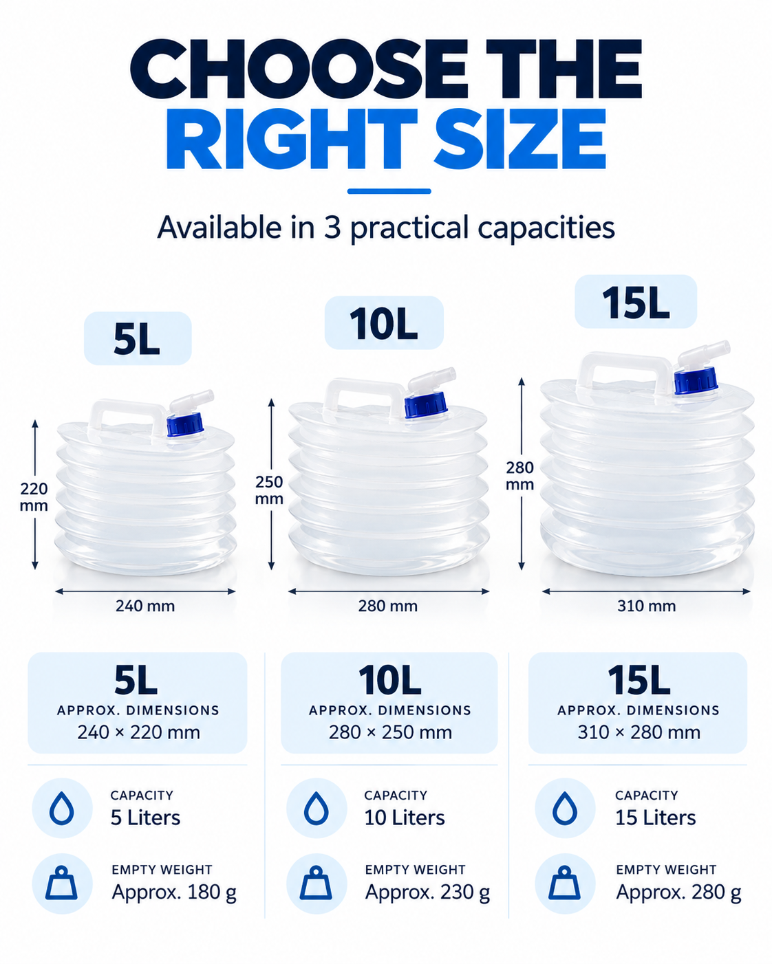 Collapsible Water Container with Spigot, Food-Grade PE BPA-Free Portable Collapsible Water Jug for Camping, Hiking, Road Trips & Emergency, 5L /10L /15L