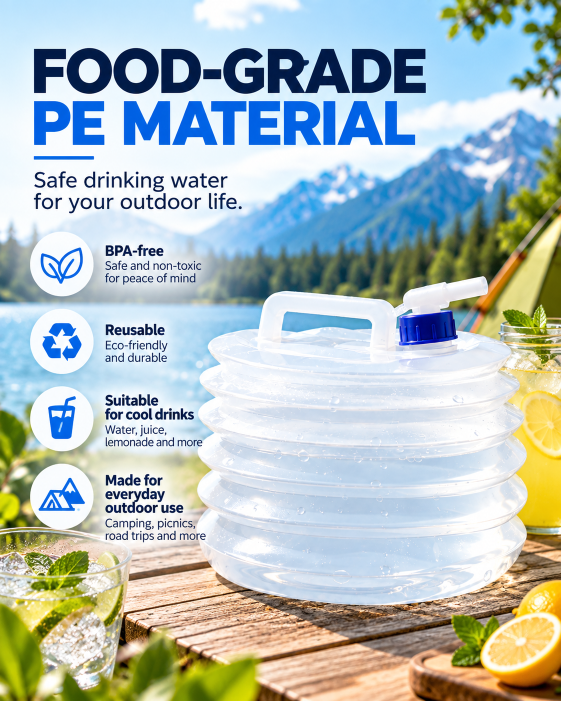 Collapsible Water Container with Spigot, Food-Grade PE BPA-Free Portable Collapsible Water Jug for Camping, Hiking, Road Trips & Emergency, 5L /10L /15L