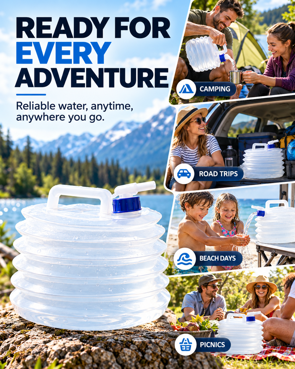 Collapsible Water Container with Spigot, Food-Grade PE BPA-Free Portable Collapsible Water Jug for Camping, Hiking, Road Trips & Emergency, 5L /10L /15L