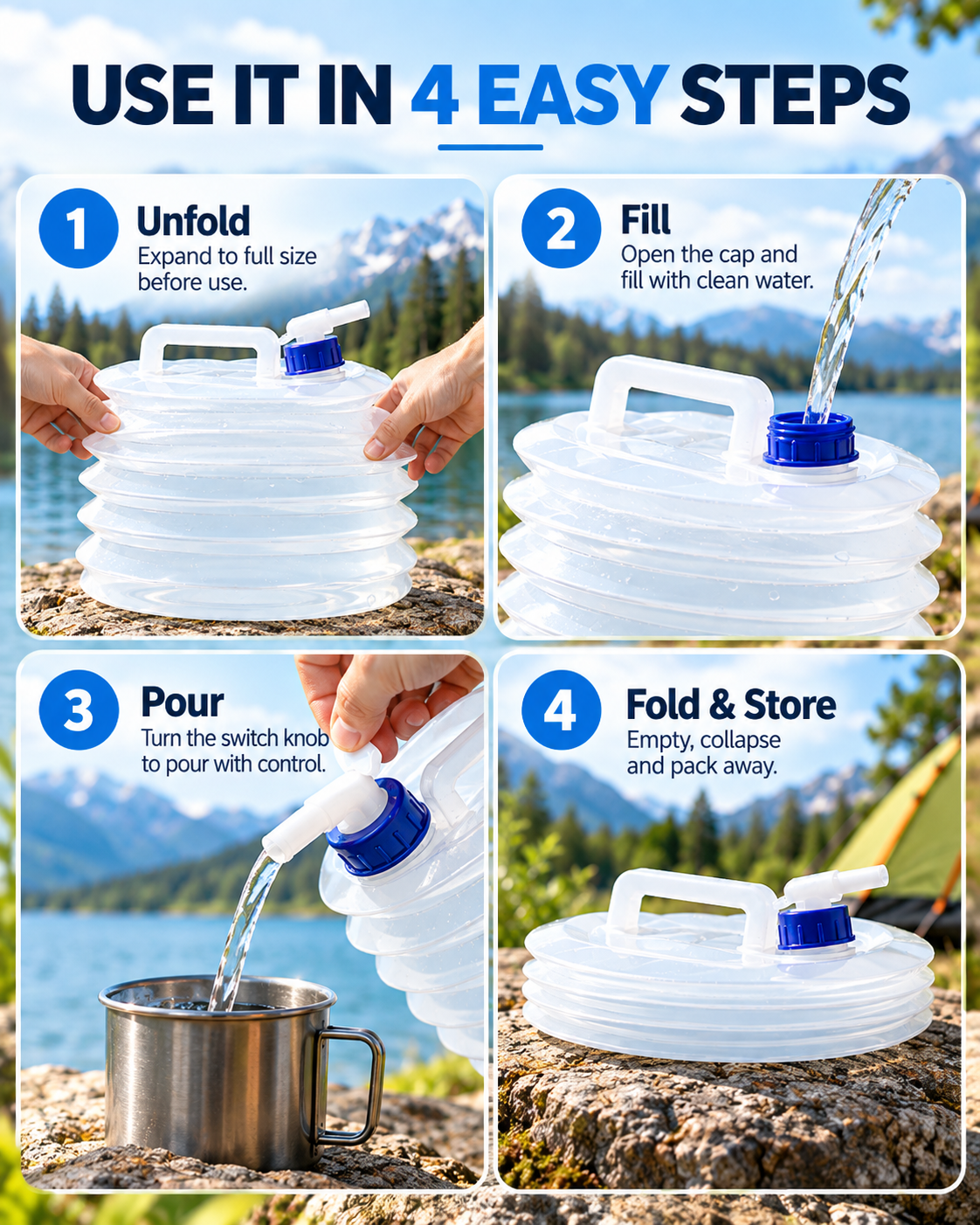Collapsible Water Container with Spigot, Food-Grade PE BPA-Free Portable Collapsible Water Jug for Camping, Hiking, Road Trips & Emergency, 5L /10L /15L