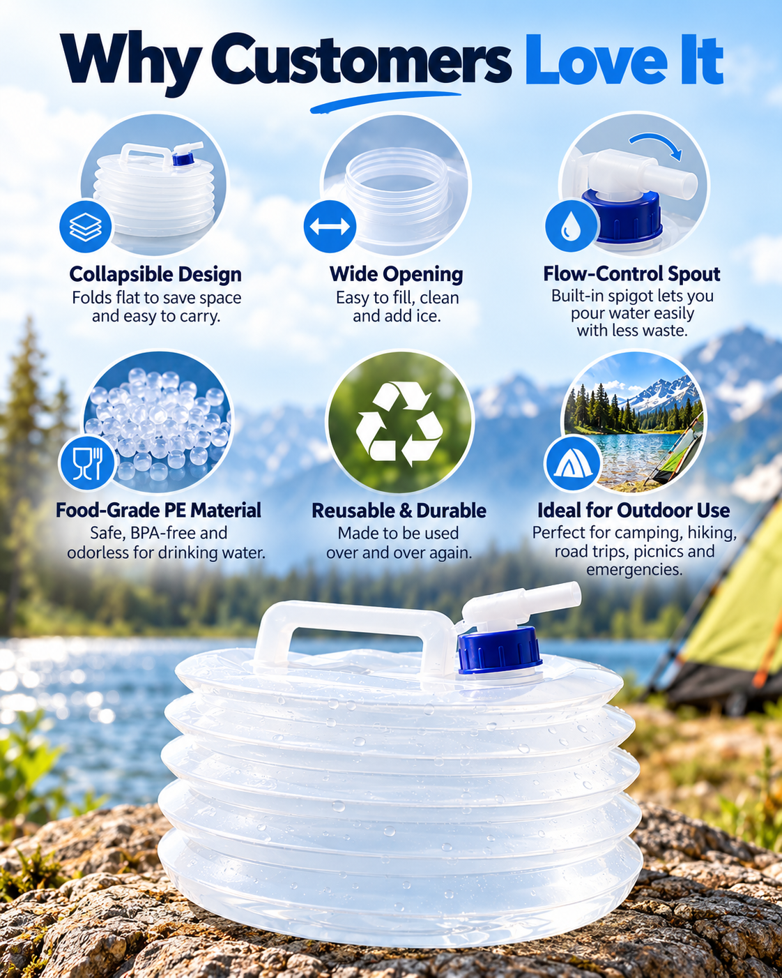 Collapsible Water Container with Spigot, Food-Grade PE BPA-Free Portable Collapsible Water Jug for Camping, Hiking, Road Trips & Emergency, 5L /10L /15L
