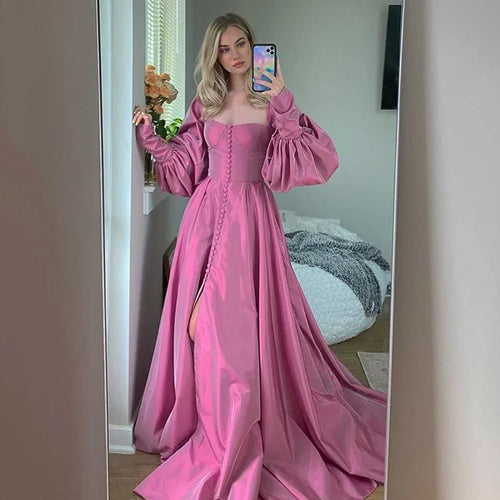 Bishop Sleeves High Slit Taffeta Long Gowns