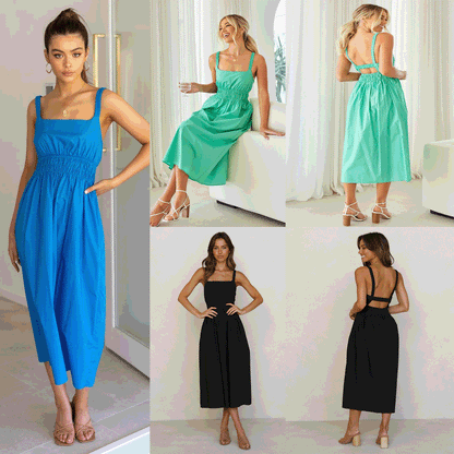 Backless Casual Waist Tight Mid Waist Solid Color Mid-Length Dress